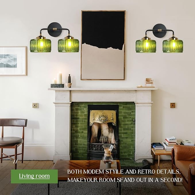 Vintage Bathroom Vanity Light, Bathroom Light Fixtures Over Mirror, Mid Century Style Striped Green Wall Sconce Farmhouse 2-Lights Fixture Black Vanity Lamp for Over Mirror Bedroom