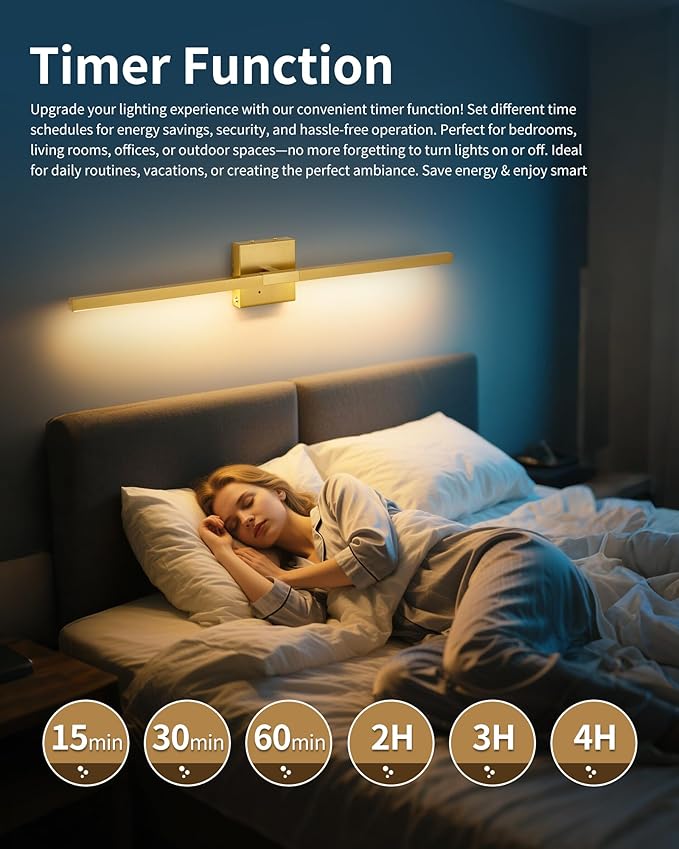 Rayogale 40 Inch 8000mAh Rechargeable Wall Sconce with Remote Control, 3000K/4500K/6000K Dimmable Battery Operated Wall Sconce Set of 2 with Timer, Wireless Wall Lights for Living Room Bedroom, Gold