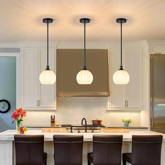 Black Pendant Lights Kitchen Island, 1-Light 7.3" Modern Milk Glass Pendant Light Fixtures with Rods, Globe Hanging Lighting for Kitchen Sink Bathroom Dining Room, E26 Base