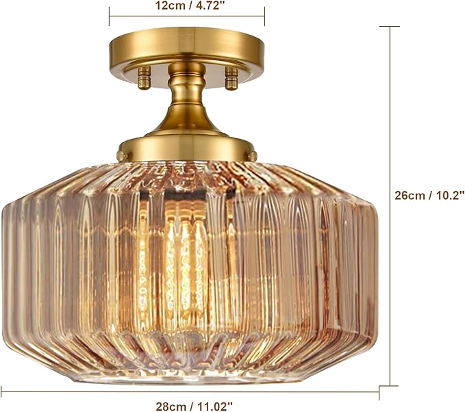 Flush Mount Light Fixture 11.02" Farmhouse 1 Light Ceiling Fixture with Amber Striped Hand Blown Glass Shade, E26 Base for Kitchen, Dining Room, Hallway