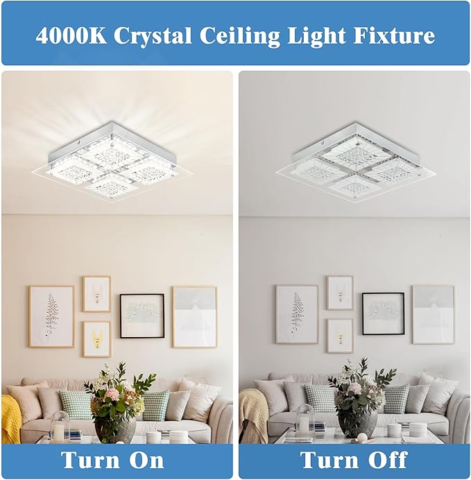 Crystal Ceiling Light LED Square Hallway Light Fixture Dimmable Flush Mount Ceiling Lights 14 Inch 4000K Bathroom Ceiling Lighting Foyer Chrome Kitchen Living Room Light