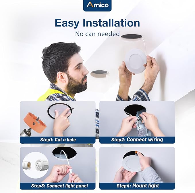 Amico 24 Pack 4 Inch 5CCT Ultra-Thin LED Recessed Ceiling Light with Junction Box, 2700K/3000K/3500K/4000K/5000K Selectable, 800 Lumens, Dimmable Canless Wafer Downlight, 10W Eqv 60W-ETL&FCC