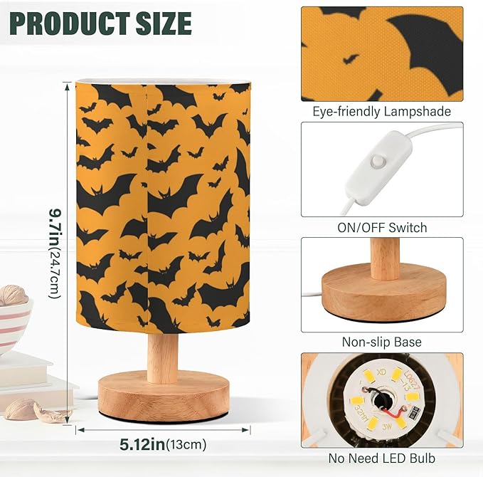 Aslsiy Halloween Black Bat Orange Bedside Table Lamp Nightstand Lamp Night Light Fabric Shade for Bedroom Living Room Home Office