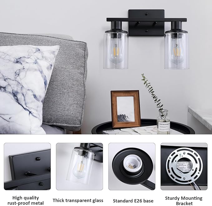 2 Pack Matte Black Bathroom Light Fixtures Over Mirror,2-Light Bathroom Vanity Light with Clear Glass Shade,Modern Farmhouse Wall Sconces Lighting for Mirror Kitchen Living Room Cabinet