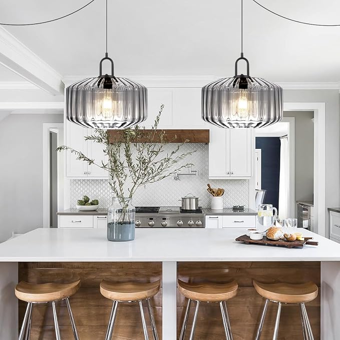 Plug in Hanging Light Gray Glass Pendant Light Fixtures with in Cord Mid Century Modern Chandelier Striped Glass Shade Farmhouse Plug in Hanging Lamp for Living Room Entryway Pantry