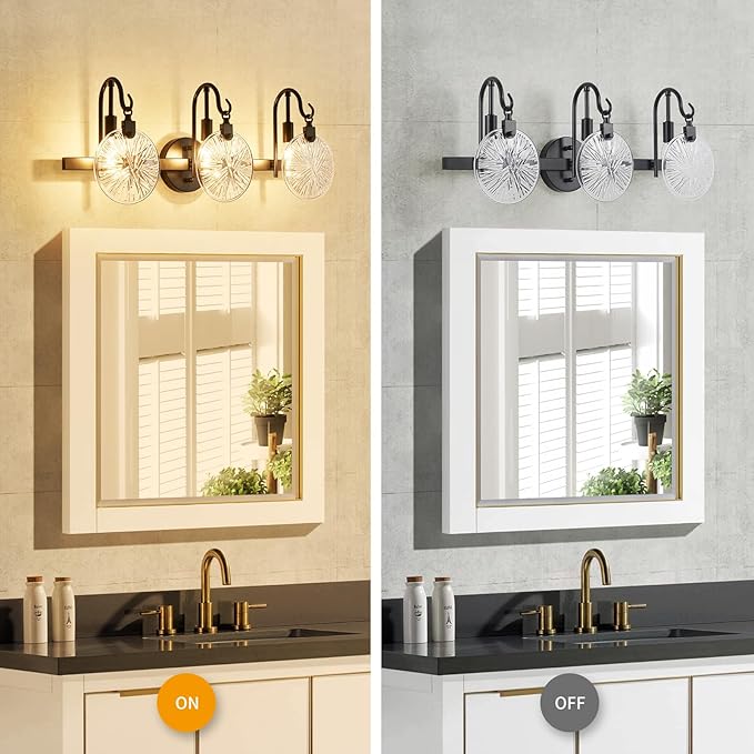 WUZUPS 3-Light Bathroom Light Fixture Over Mirror Morden Vanity Wall Sconces Clear Glass Shade for Bedroom Living Room, E12 Base, Black