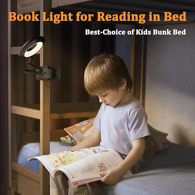 Clip on Light Rechargeable with Large Clamp, Battery Operated Bed Headboard Reading Lamp - 5 Colors 5 Brightness, Flexible Arm Book Light at Night for Kids Desk Bunk Metal Bed Frame (Black)