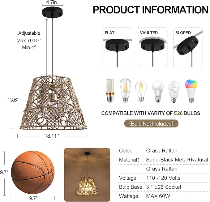 18.11" Rattan Pendant Light,Boho Hand Woven Wicker Hanging Light 3-Light Seagrass Rattan Chandelier for Dining Living Bedroom Sand Black Metal