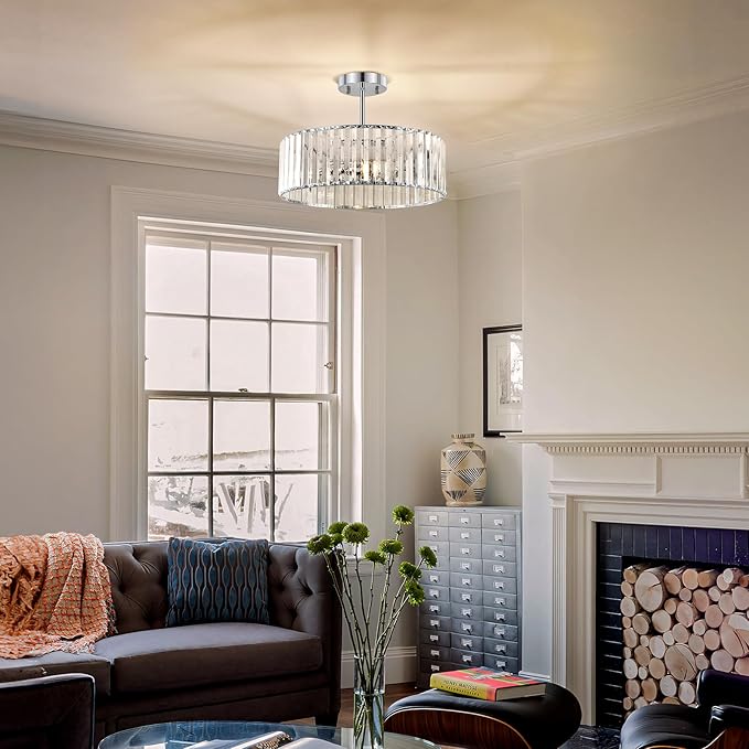Chrome Crystal Ceiling Light Fixture, Modern Semi Flush Chandelier, Round Hanging Lighting Chandeliers for Dining Room, Kitchen, Bedroom, 3-Light, 15.74 Inch
