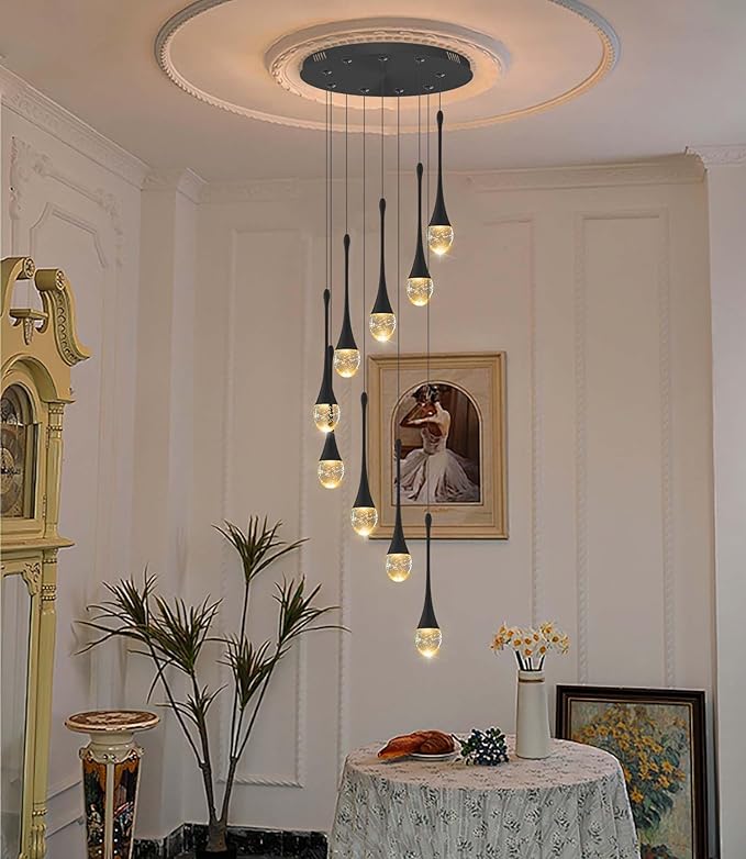ykolupty 9-Lights Black Pendant Chandliers 100'' High Staircase Ceiling Chandeliers Crystal Bubble Raindrop Lighting Chandelier Ceiling Living Room Dimmable 2700-6000k LED Dining Lighting