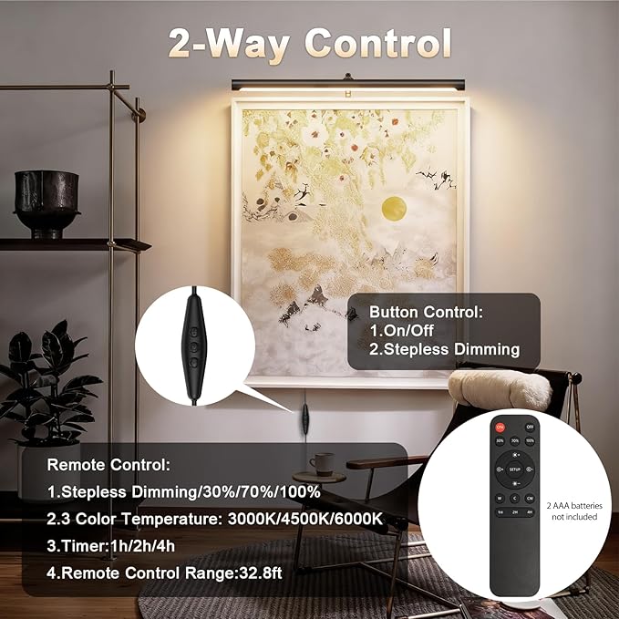 9W Picture Light Plug in, 24" Adjustable LED Art Light with Remote Control, Dimmable Wall Light for Picture Display Dartboard Art Work (Black)