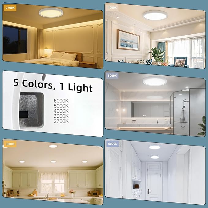 TOPELER 9 Inch LED Flush Mount Ceiling Light, 24W 2000Lm, 5 Color Temperature in One (27K/30K/40K/50K/60K), Dimmable Surface Mount Flat Ceiling Lamps for Bedroom, Kitchen, Dining Room, 2 Pack