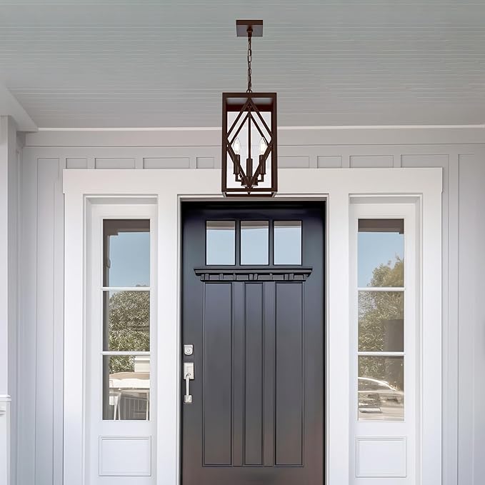 Outdoor Pendant Light Fixture 3-Light, 15.7in Farmhouse Bronze Outdoor Chandelier Hanging Porch Light, Metal Exterior Ceiling Mount Hanging Lantern with Clear Glass for Front Door Entrance