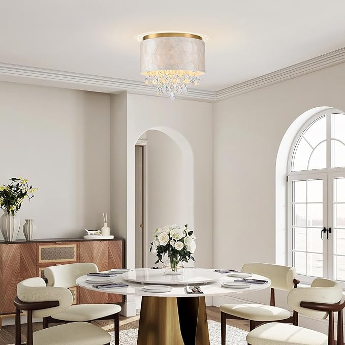 3-Light Capiz Shell Drum Crystal Ceiling Light, D12xH11 Inch, Coastal Design Close to Ceiling Flushmount Light Fixture for Dining Room, Bedroom, Kitchen, Shell Lampshade & Gold Finish Frame