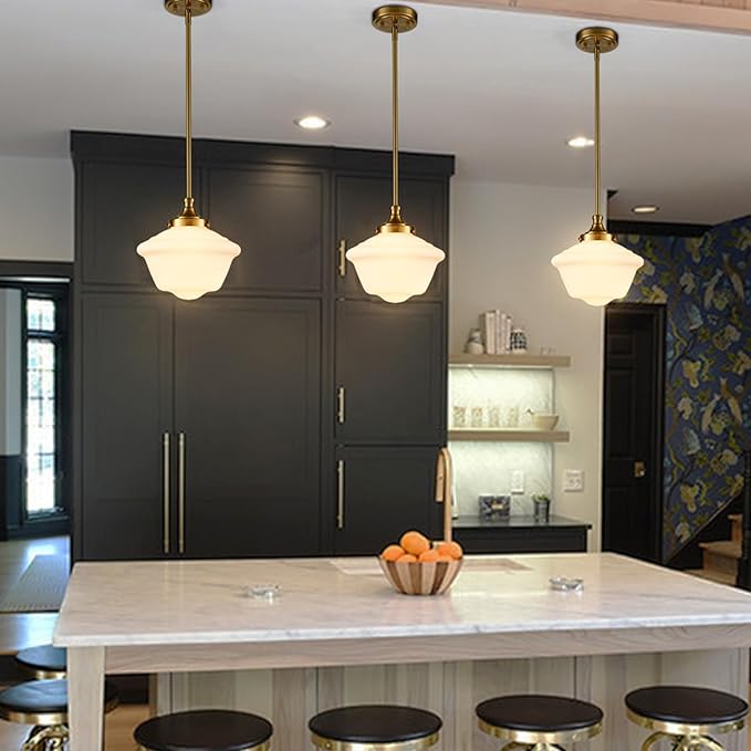 SAMTEEN Modern Gold Pendant Light Schoolhouse Light Fixture 10-Inch White Glass Pendant Lighting for Kitchen Island Adjustable Height Brass Hanging Light Kit for Dining Room Hallway