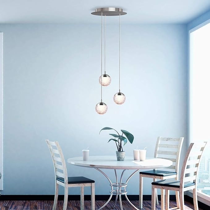 contec development Galaxy 3 Mini Pendant Crystall Ball Lighting Nickel - LED Hanging Light Fixture: Kitchen Island, Bar, Foyer - Cluster Pendants - Dimmable, Adjustable Wire, Lamp Bulb Included