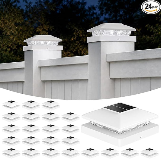 APONUO Solar Post Cap Lights for 4x4 5x5 Posts - IP64 Waterproof, 6500K LED, No-Wire Fence Lights & Deck Lights for Patio Garden Yard Patio, White-Cool White, 24 Pack