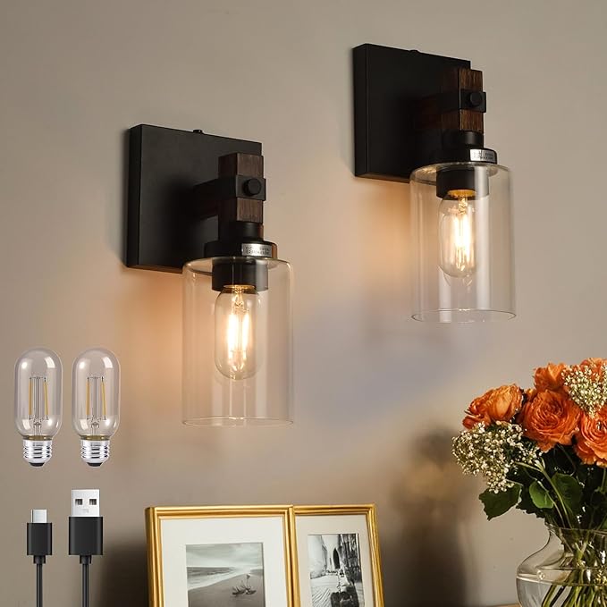 Battery Operated Wall Sconce 2-Pack Farmhouse Rechargeable Wall Lamp Set of Two No Wired Required, Easy Install Cordless for Bedroom Bathroom Livingroom