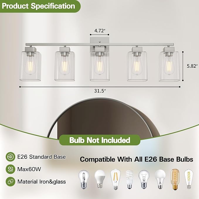 Espird 5 Light Bathroom Vanity Light - Brush Nickel Bathroom Light Fixtures Square Design & UL Certification, 31 Inch Long Light Fixtures Over Mirror for Bedroom & Restroom