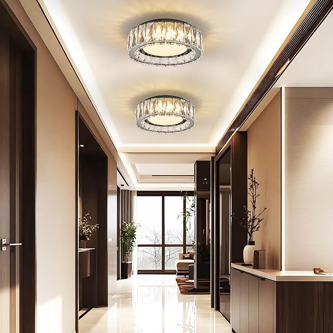 Crystal Dimmable Flush Mount Ceiling Light, Black Modern LED Close to Ceiling Light Fixture with 5CCT 2700K-6000K, Round Kitchen Lighting for Bedroom, Laundry Room, Hallway, Bathroom (11in 24W)