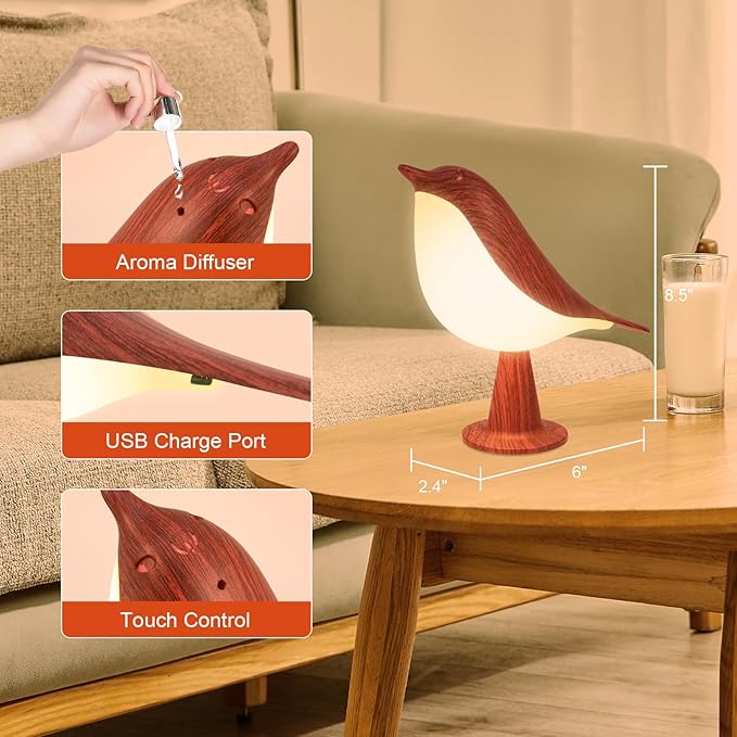 Deogos Small Desk Lamp, Bird Bedside Light with 3 Color Temperature and Touch Sensor, Cordless Kids Night Light, Rechargeable Battery for Bedroom Nightstand Table - Red