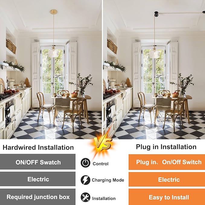 Shenmoyl Plug in Pendant Light Hanging Light Fixture Corded On/Off Switch Brass Pendant Light with Clear Striped Glass Lampshade for Bedroom Living Room Kitchen Island