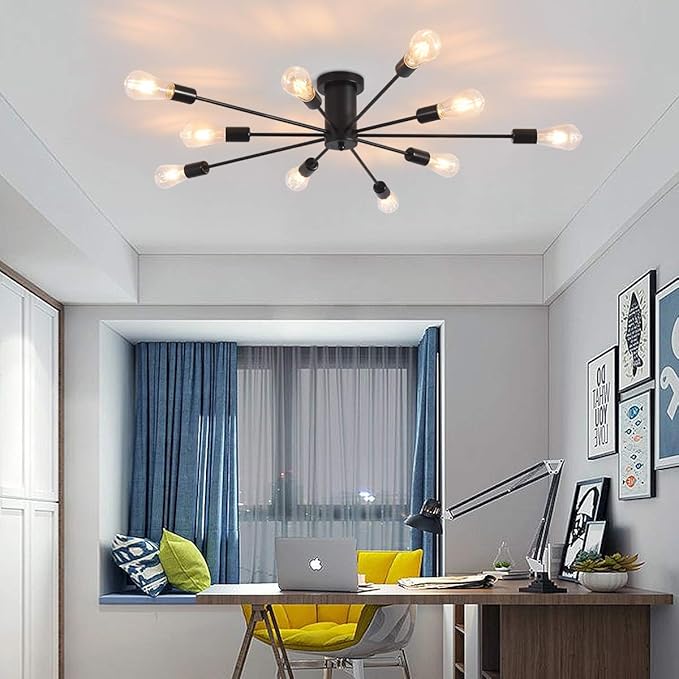Garwarm Semi Flush Mount Ceiling Light, 10-Light Modern Black Sputnik Chandelier Industrial Ceiling Lamp for Kitchen Dining Room Living Room Bedroom Foyer Lighting Fixture