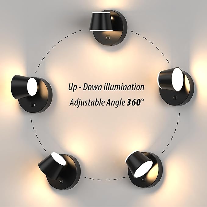 URSOLA Battery Operated Wall Sconce with Remote, LED Rechargeable Battery Wall Light with 9000mAh 3CCT and Dimmable Magnetic 360° Rotation Cordless Light for Bedroom（Black）