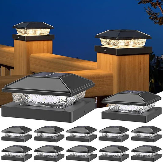 NIORSUN Solar Post Lights Outdoor, Fence Post Solar Lights Warm White, Waterproof, Garden Patio Fence Deck Decor, 4x4 Posts Cap Wood Vinyl, Black 12 Pack