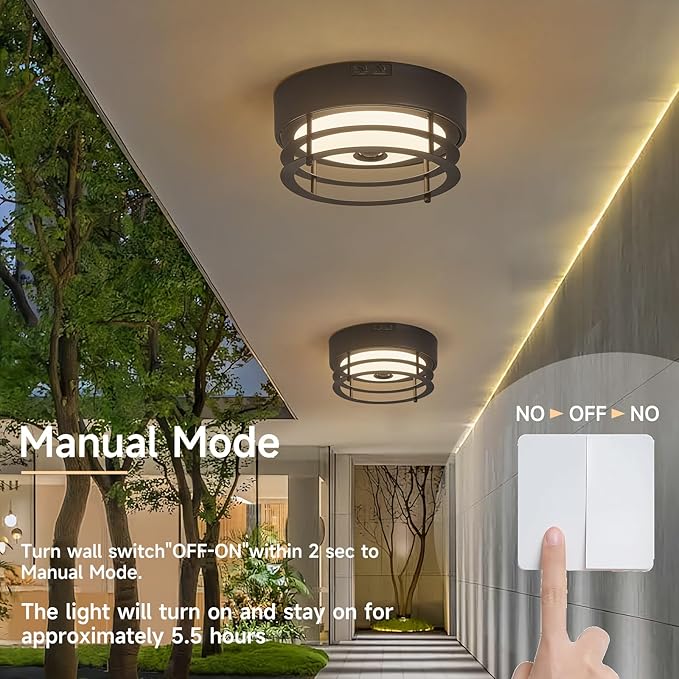 Yisuro Outdoor Ceiling Light with Motion Sensor Flush Mount Farm House Porch Light Ceiling Mount LED Light Fixture - Adjustable 3 Modes Sensor for Patio,Garage (Black)