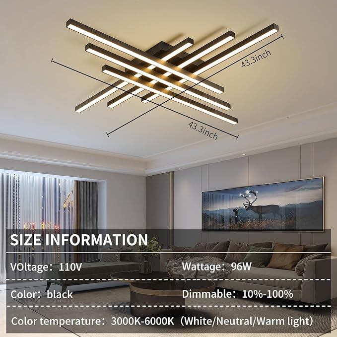 Modern LED Ceiling Lights 43.3" Black Flush Mount Ceiling Light Fixture Sputnik Dimmable Ceiling Lights with Remote Control for Bedroom Living Room Kitchen Room(6 Lights)