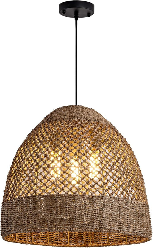 18.9" Farmhouse Rattan Pendant Light Fixture 3-Lights Costoal Chandelier Boho Hand Woven Wicker Hanging Light Fixture for Kitchen Island Living Room Bedroom Dining Room Foyer Restaurant Coffee