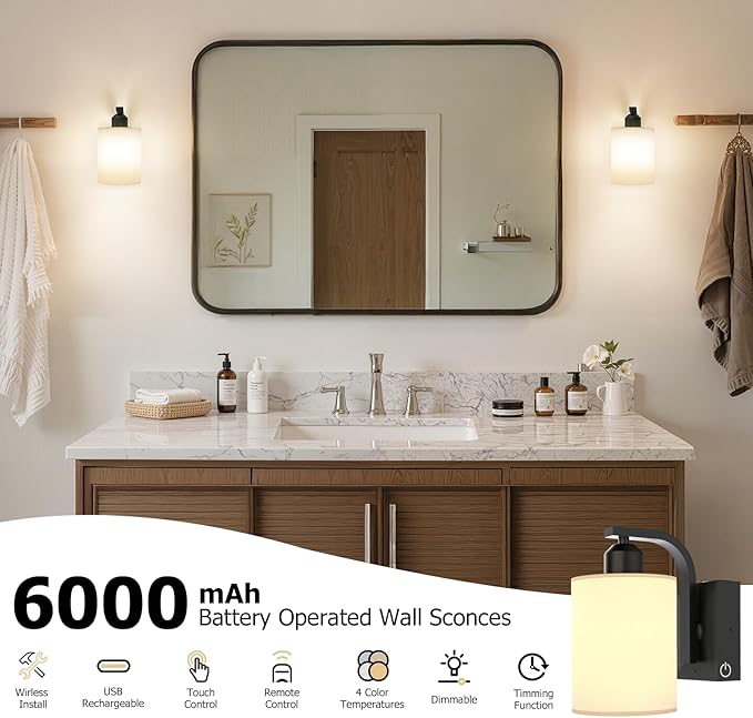 iThird 1 Pack Battery Operated Wall Sconces Lights: 6000mAh Rechargeable Wall Lights with Remote Control, Dimmable LED Wall Lamp Indoor, Black Wireless Scone Lighting for Bedroom Living Room Bathroom