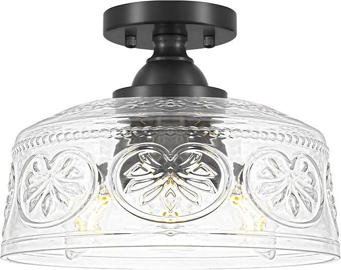 11.4In Vintage Black Semi Flush Mount Ceiling Light Fixture, 3-Light Hallway Light Fixture with Thickened Glass, Close to Ceiling Light for Kitchen, Entryway, Foyer, E12