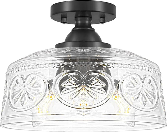 11.4In Vintage Black Semi Flush Mount Ceiling Light Fixture, 3-Light Hallway Light Fixture with Thickened Glass, Close to Ceiling Light for Kitchen, Entryway, Foyer, E12