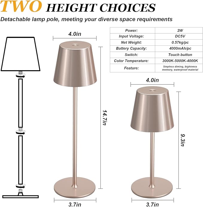 Kakanuo Cordless Table Lamp Rechargeable - Antique White 2 Pack Battery Operated Lamp for Counter, 3 Color Stepless Dimming Wireless Lamp for Dining Kitchen, Outdoor Patio, Touch Control