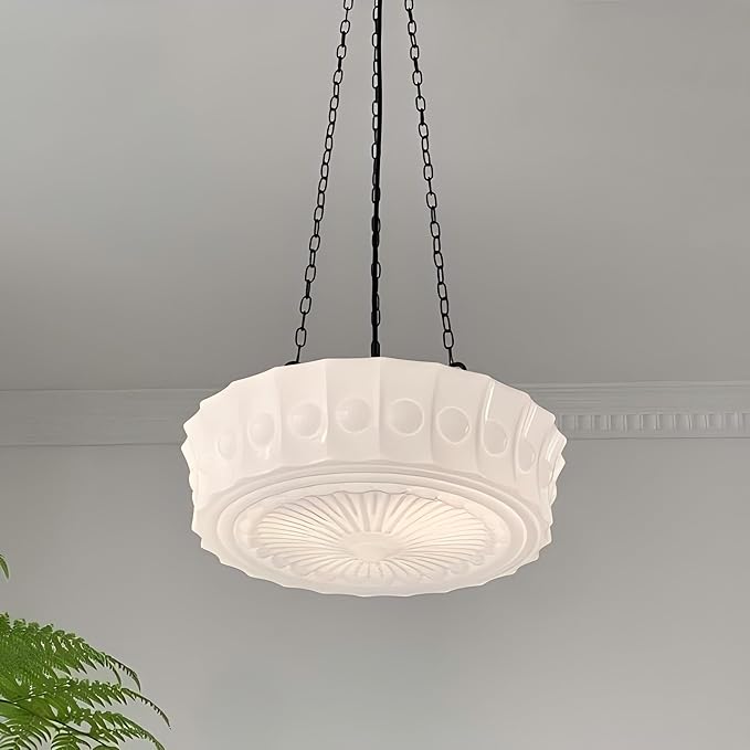 LIGHTLAND Milk Glass Pendant Light, 13.8 Inch Mid Century Semi Flush Mount Ceiling Light Fixture with 39.4 Inch Adjustable Chain, Vintage Chandelier for Bedroom, Living Room, Dining Room, Hallway