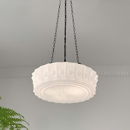 LIGHTLAND Milk Glass Pendant Light, 13.8 Inch Mid Century Semi Flush Mount Ceiling Light Fixture with 39.4 Inch Adjustable Chain, Vintage Chandelier for Bedroom, Living Room, Dining Room, Hallway