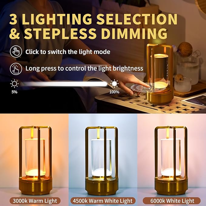 2 Pack Crystal Lantern lamp with Touch Dimming, Rechargeable LED Table Lamp, 3-Color Adjustable Brightness, 4200mAh Battery Powered Desk Light for Bedroom, Restaurant, Outdoor