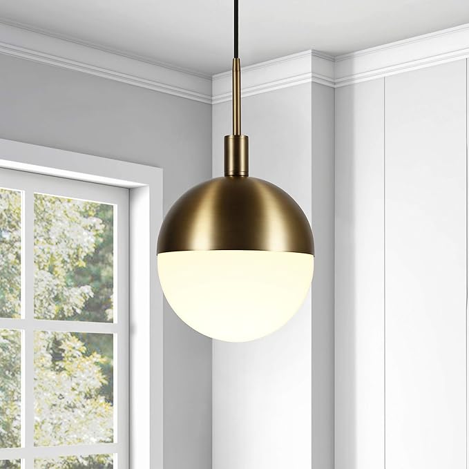 Henn&Hart 10" Modern Pendant Light Fixture with White Milk Glass Globe Shade and 8' Adjustable Cord for Kitchen Island, Dining Room or Game Room, Gold