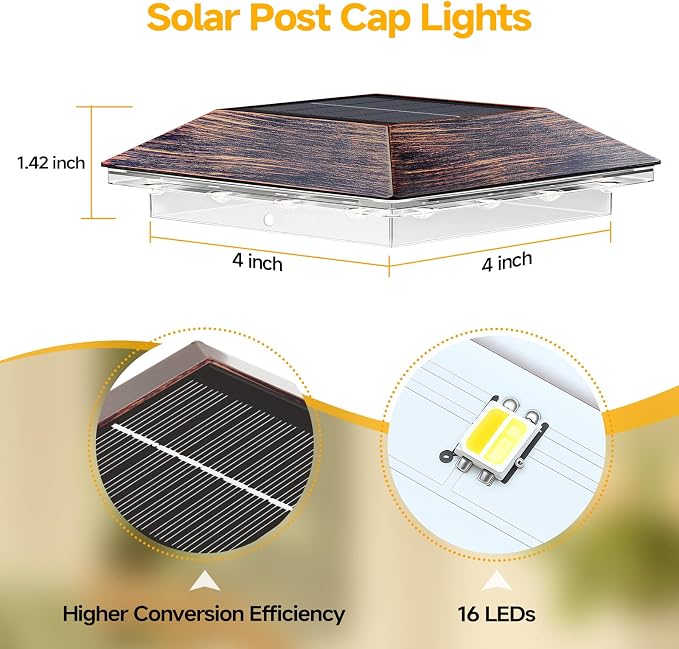 Mlambert 16 Pack Solar Post Cap Lights Outdoor - 3 Lighting Modes Waterproof LED Solar Post Lights Fit 3.5×3.5 Wood/4×4 Vinyl Fence Deck Posts, Brown