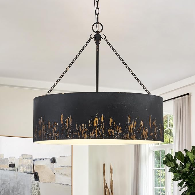24" Matte Black Drum Chandelier,6-Light Modern Vintage Pendant Lights with Hand-Brushed Gold Finish,Adjustable Hanging Light Fixture for Dining Room,Kitchen Island,Living Room,Entryway