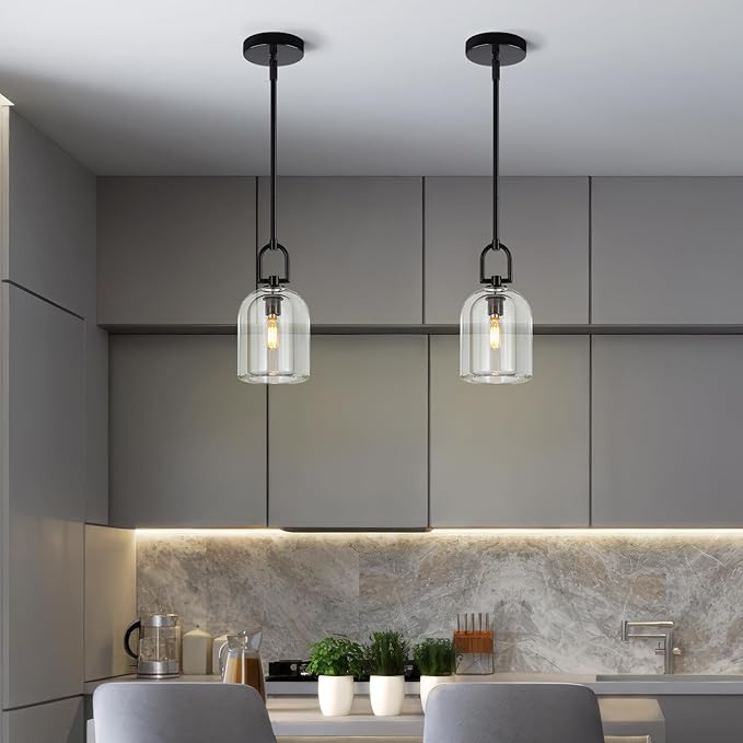 Modern Black Pendant Lights Kitchen Island Ceiling Chandelier Indoor Thick Crystal Hanging Light Fixtures for Kitchen Living Room Dining Room Bedroom（2Pack）