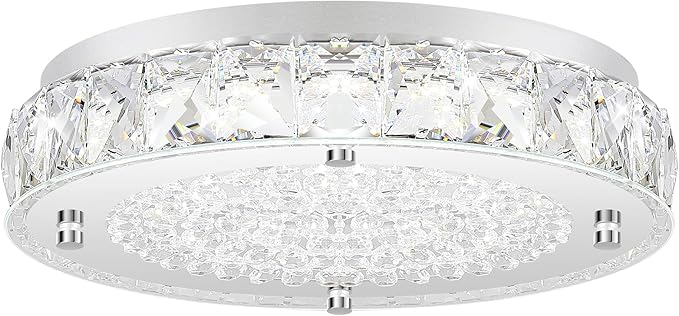 Crystal Flush Mount Chandeliers, LED Ceiling Light Fixture 13-Inch, 5000K Daylight White Super Bright 3300LM Dimmable Farmhouse Kitchen Light Modern Ceiling Lamp for Bedroom Bathroom Nursery