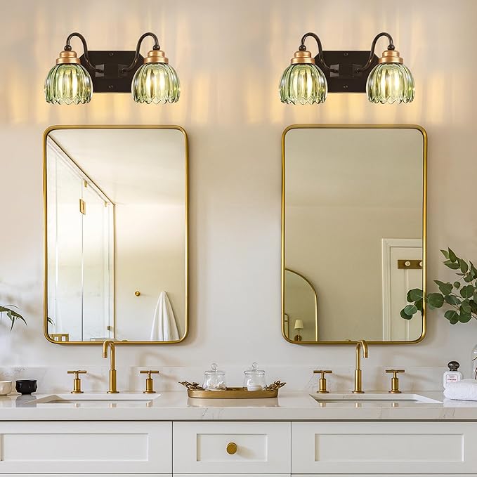 Vintage Bathroom Vanity Light, 2 Light Bathroom Lighting Fixtures Over Mirror, Mid Century Style Farmhouse Light Fixtures with Green Glass Shades, Black Finish Wall Mount for Bedroom , Living Room