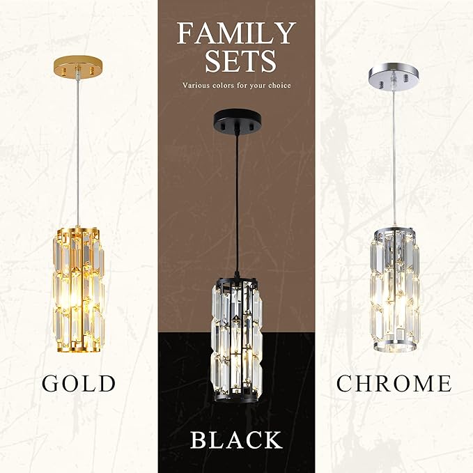 Black Pendant lamp Modern Pendant lamp, Mini Crystal Pendant Light, Adjustable Pendant Light for Kitchen, Dining Room, Bedroom(Black Pack of 2)