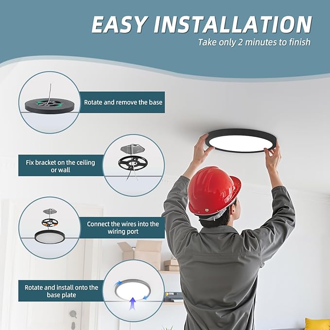 TOPELER Black 12" Slim Surface LED Ceiling Light, 28W 2400Lm, 5CCT Selectable Flushmount Round Flat Panel Lights for Bedroom, Porch, Hallway, Stairwells, ETL & FCC Listed, 2Pack