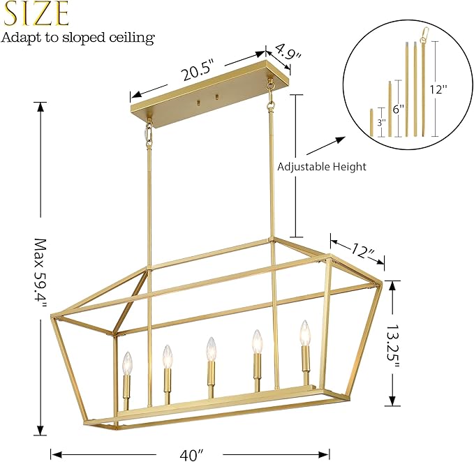 Untrammelife 5-Light Kitchen Island Pendant Lighting Gold Lantern Pendant Linear Chandelier Modern Rectangle Light Fixtures with Adjustable Rod for Dining Table Kitchen