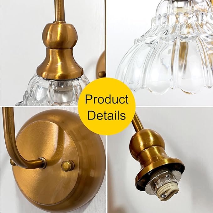 lobolighting Vintage Wall Sconce Set of 2 with Glass Shade Brass Sconces Gold Bathroom Vanity Light Fixtures Modern Wall Lighting Fixture for Bedroom Bedside Door Header
