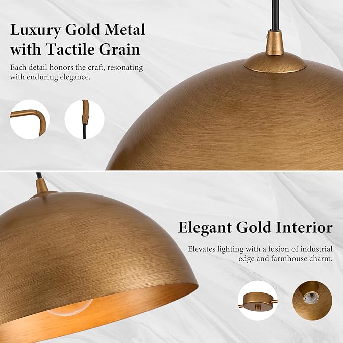 2-Light Pendant Lights Kitchen Island, Gold Metal Dome Shade Pendant Light, Kitchen Pendant Lighting Over Island, Adjustable Height Hanging Light Fixture for Farmhouse Dining Room Kitchen Cafe